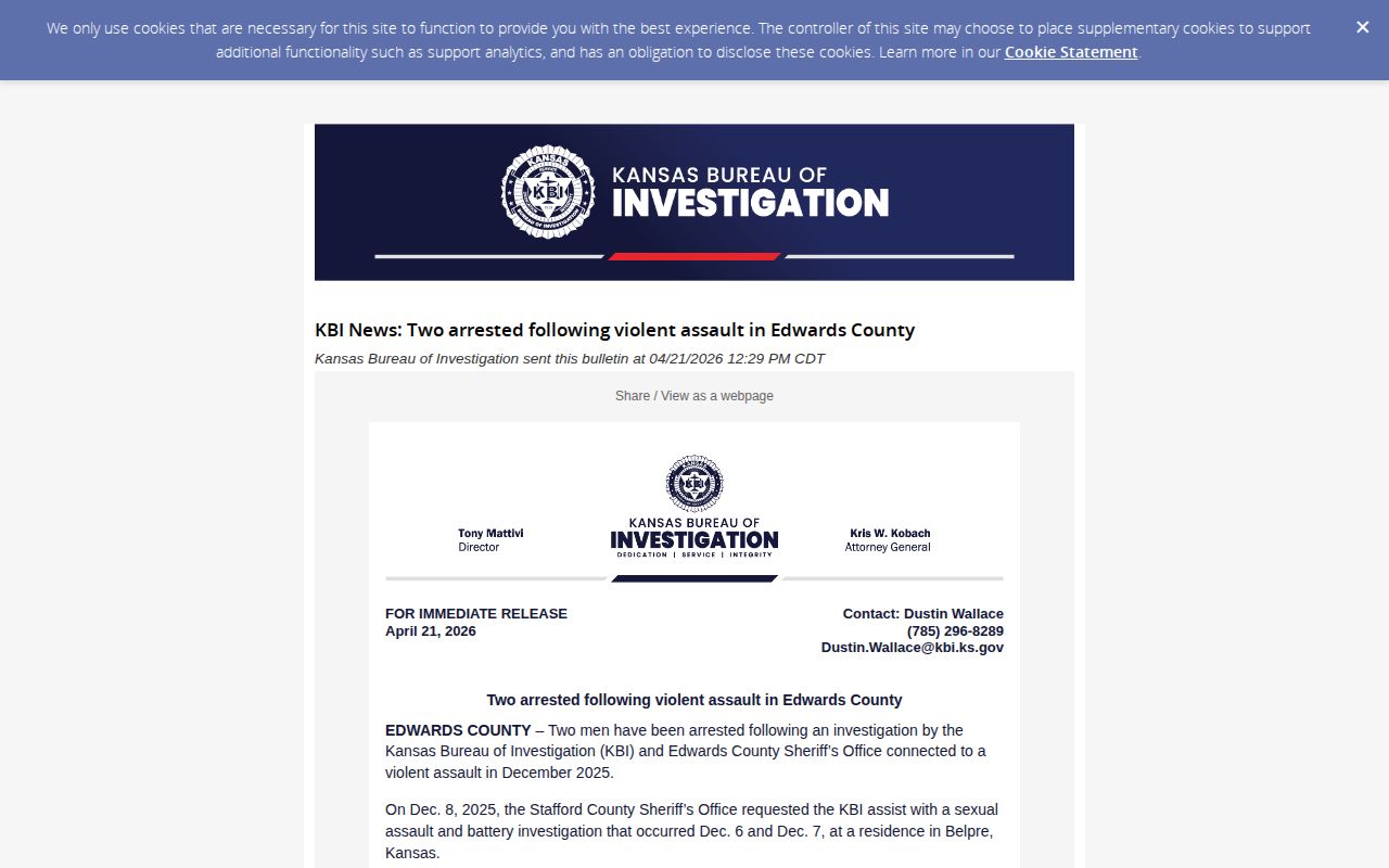Official KBI event-driven Edwards County news release